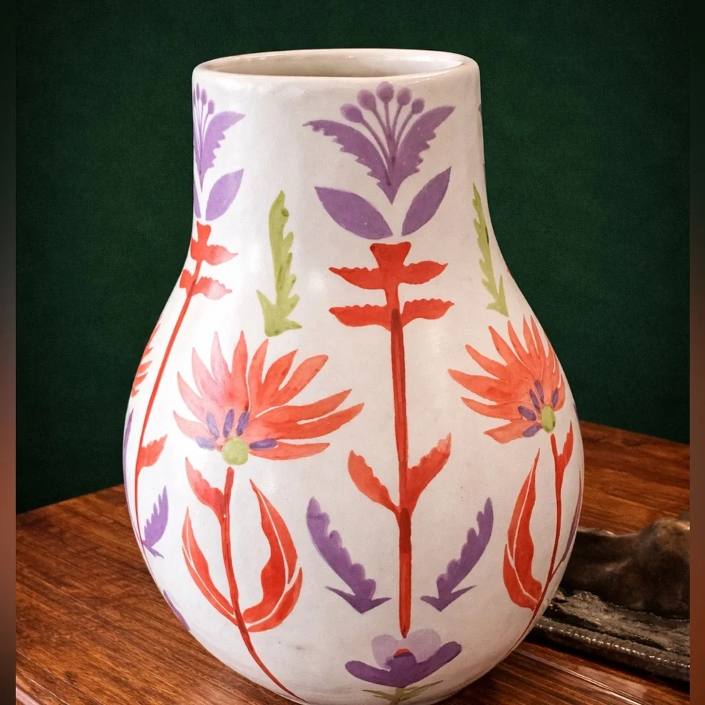 ANTHROPOLOGIE Handpainted Stoneware Large Floral/Flower Vase